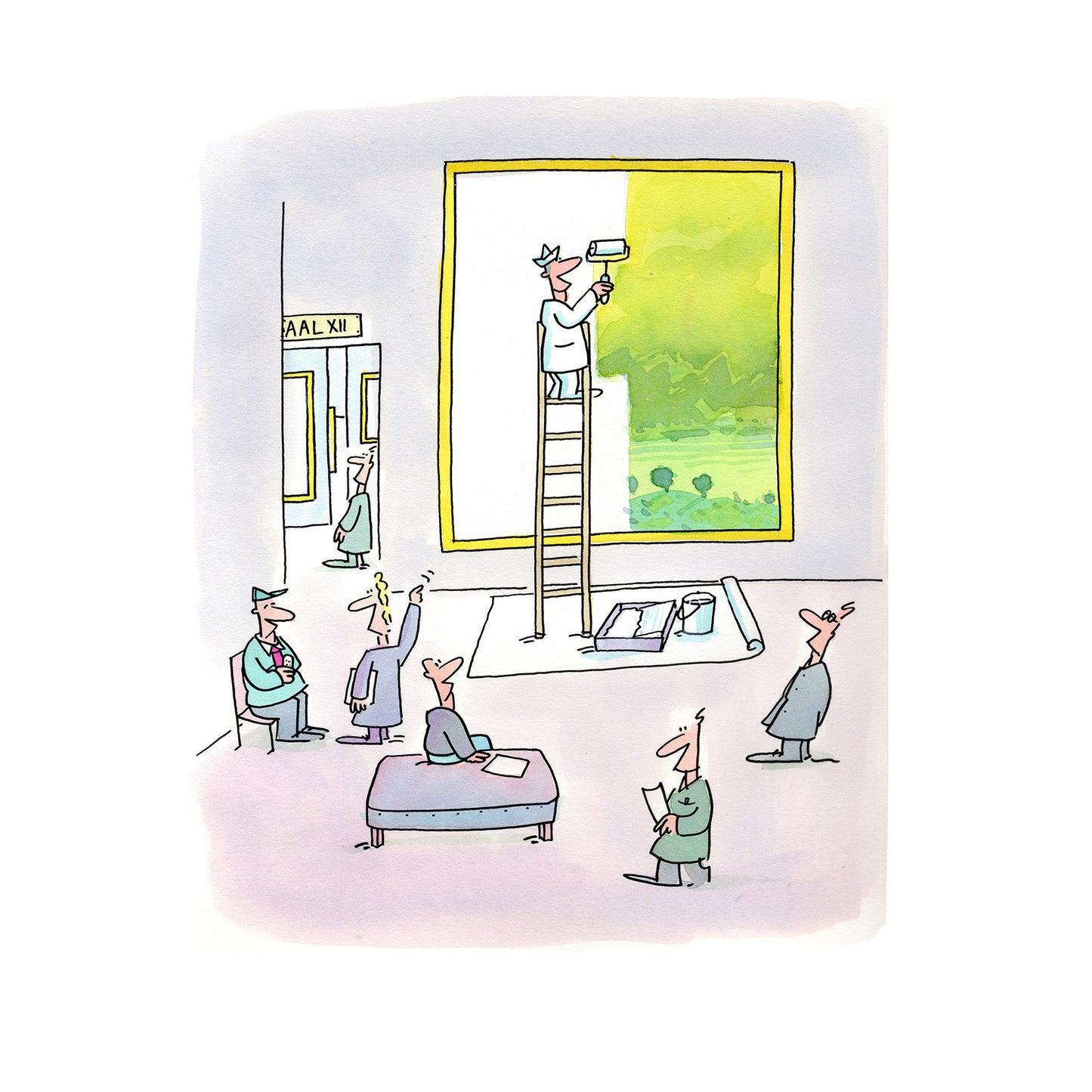 Poster Maler im Museum von Pfuschi-Cartoon für den Petarde-Shop